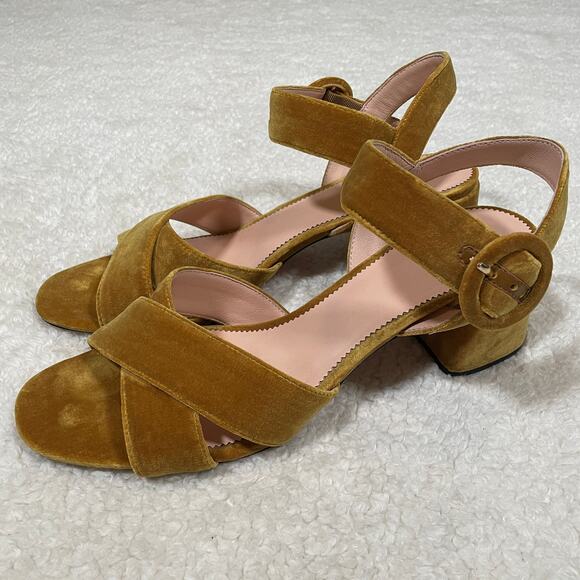 J. Crew Velvet Penny Sandals Yellow-Gold Retro Inspired Ankle Straps 12 - Picture 2 of 8